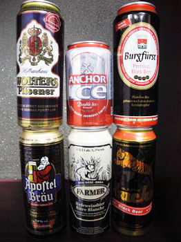 An assortment of cans of Chinese beer