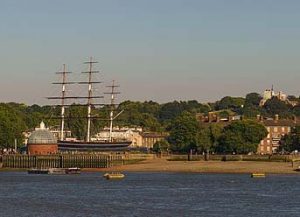 Greenwich pier with Cutty Sark moored