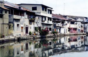 houses line Malacca canal