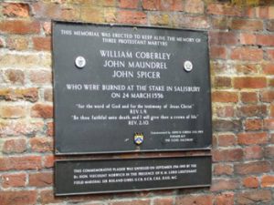 plaque comemmorating three Salisbury Protestant martyrs burned in 1156