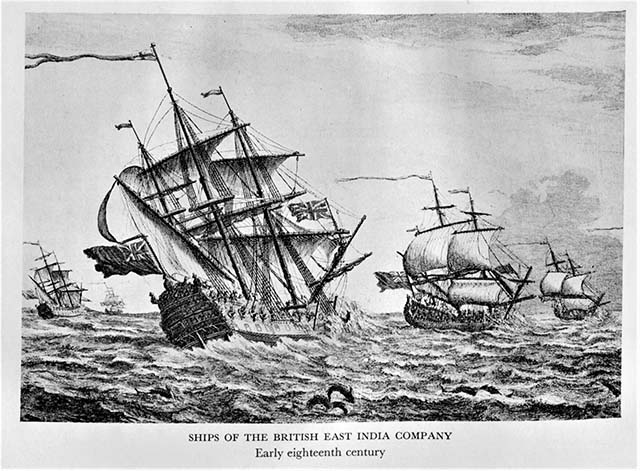 East India Company sailing ships drawing