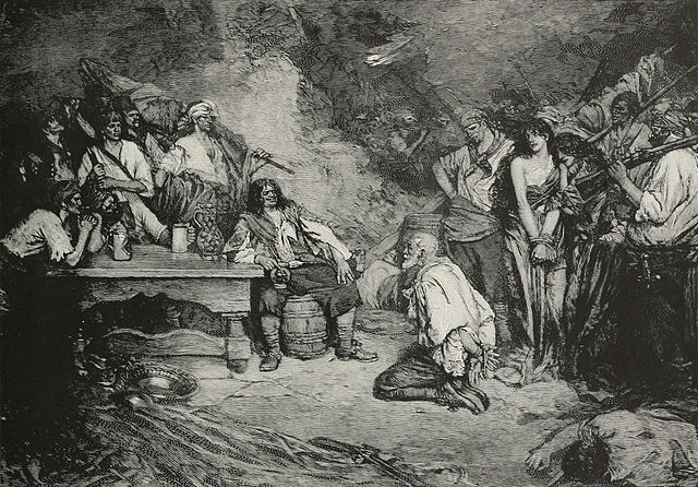 engraving of pirate Henry Morgan with a prisoner