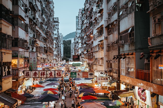 Hong Kong marketplace in sunset depicts Hong Kong’s East-Meets-West Heritage