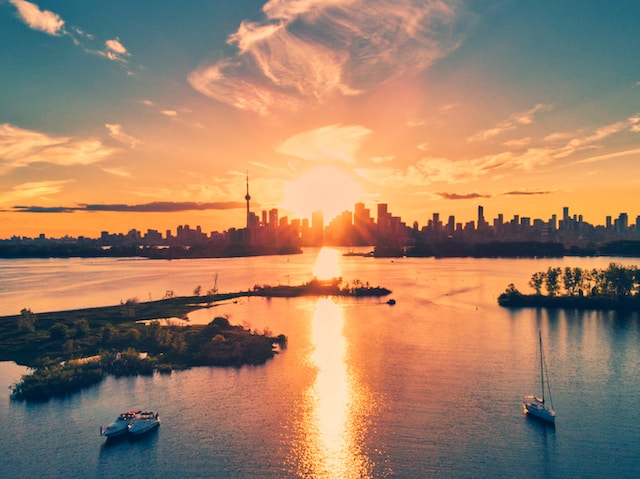 Sunset view of Lake Ontario and Toronto.