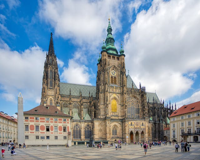 A facade of St Vitus Cathedral in Prague in the daytime