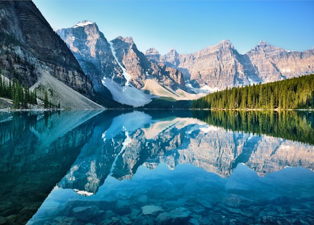 View of Moraine Lake as an example of the beautiful scenery and wildlife of Banff, Canada