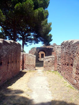 tree-shaded walkway in Ostia Antica