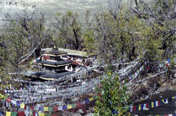 prayer flags surround pagoda