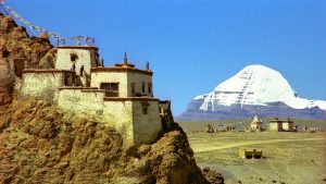Mount Kailash, a Tibetan monastery and Buddhist prayer flags