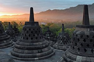Borobudur stupas at sunrise