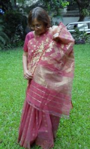 the author wearing her Jamdani saree