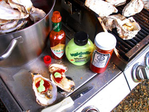 oysters and condiments on barbecue grill