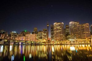 Sydney Tower during the night as viewed from Darling Harbor