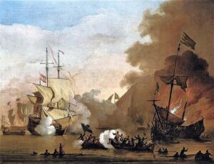 painting of pirate ships battle