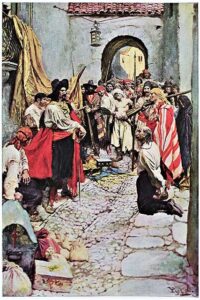 graphic illustration of pirates taking over a city