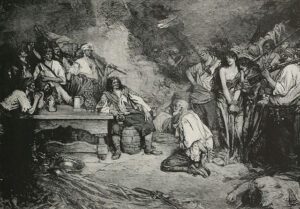 engraving of pirate Henri Morgan with a prisoner