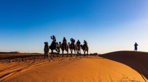 People on camels in the middle of the desert.