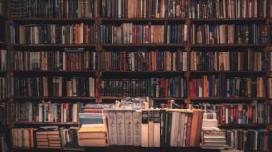 Books on wooden shelves inside a library