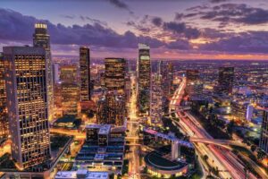 Los Angeles downtown night aerial view