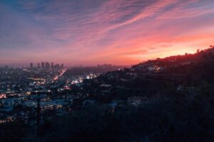 Buildings, houses, and the hills during the golden hour in LA.