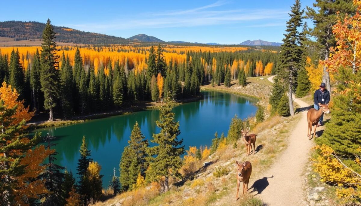 Nature scene with deer and a lake