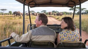 Couple on African safari viewing wildlife
