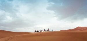 people riding camels across sand dunes