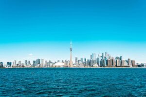 A sea and buildings.