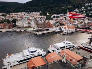 Norway flag above the marine in Bergen