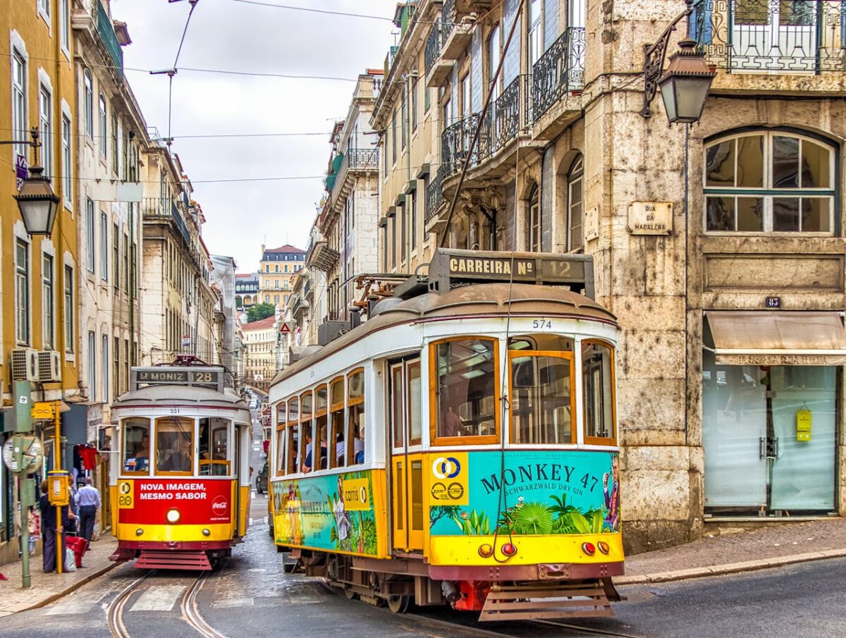 Colorful trams through a city, local transportation